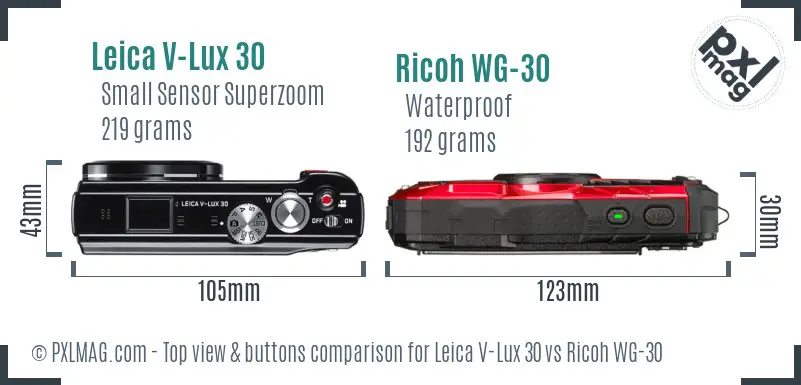 Leica V-Lux 30 vs Ricoh WG-30 top view buttons comparison Leica V-Lux 30 vs Ricoh WG-30 top view buttons comparison