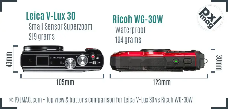 Leica V-Lux 30 vs Ricoh WG-30W top view buttons comparison Leica V-Lux 30 vs Ricoh WG-30W top view buttons comparison