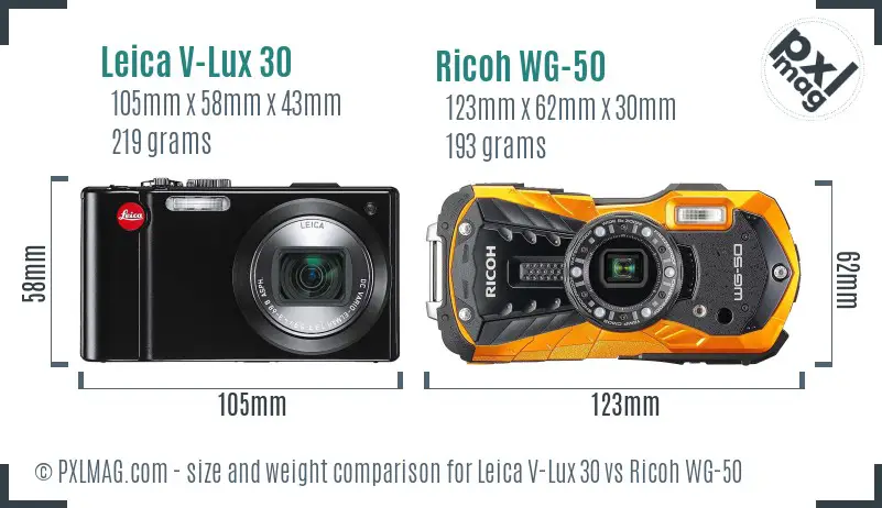 Leica V-Lux 30 vs Ricoh WG-50 size comparison