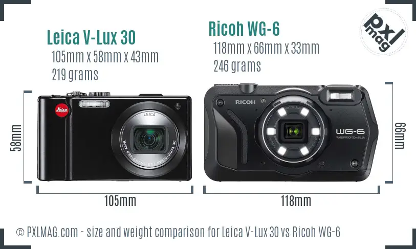 Leica V-Lux 30 vs Ricoh WG-6 size comparison