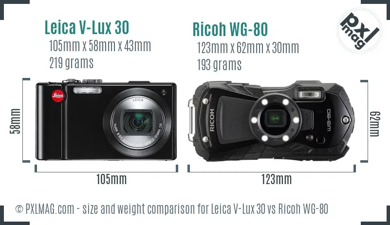 Leica V-Lux 30 vs Ricoh WG-80 size comparison