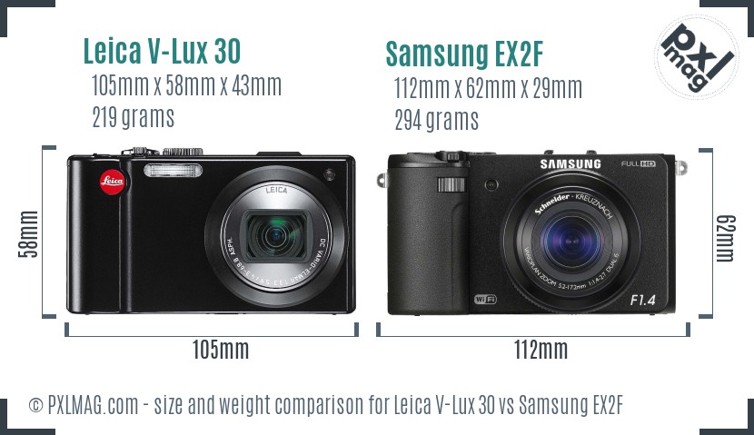 Leica V-Lux 30 vs Samsung EX2F size comparison