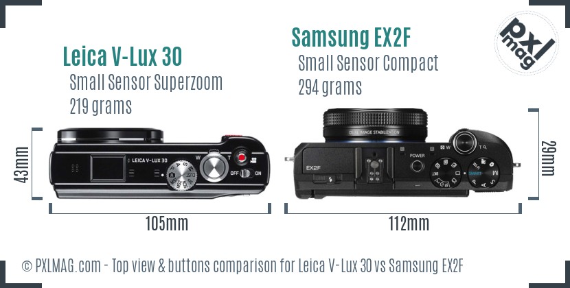 Leica V-Lux 30 vs Samsung EX2F top view buttons comparison