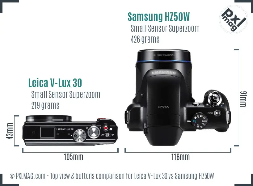 Leica V-Lux 30 vs Samsung HZ50W top view buttons comparison