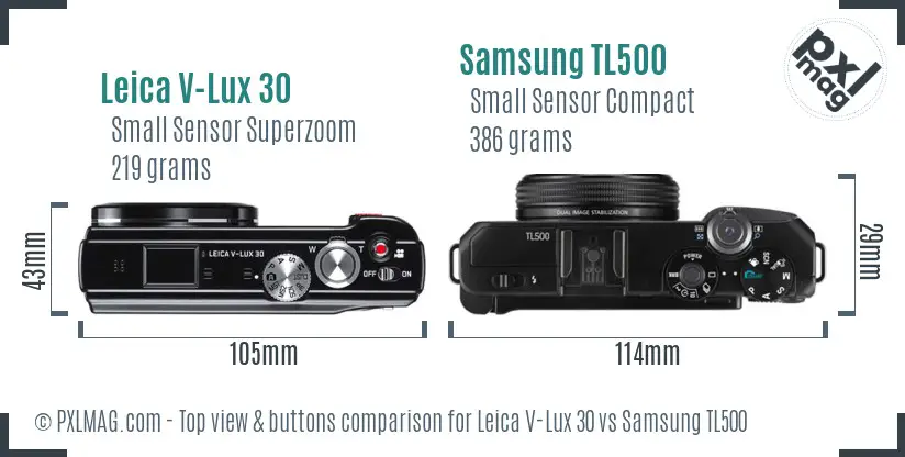 Leica V-Lux 30 vs Samsung TL500 top view buttons comparison