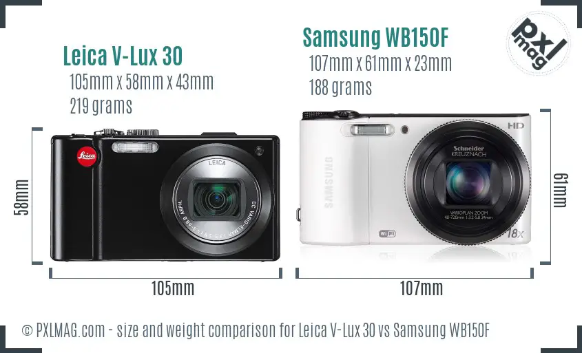 Leica V-Lux 30 vs Samsung WB150F size comparison