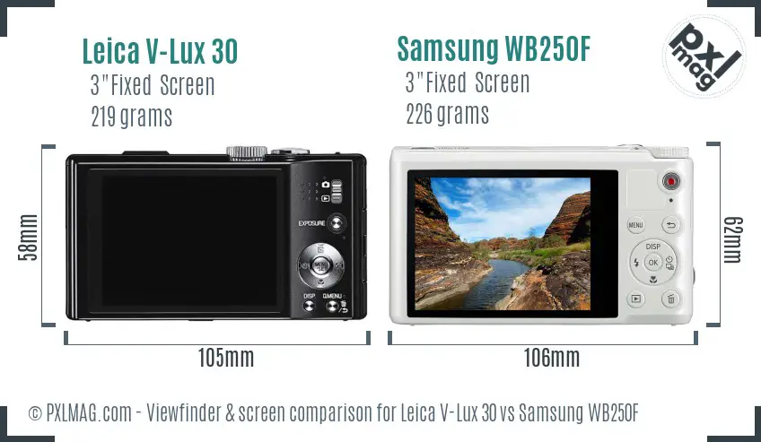 Leica V-Lux 30 vs Samsung WB250F Screen and Viewfinder comparison