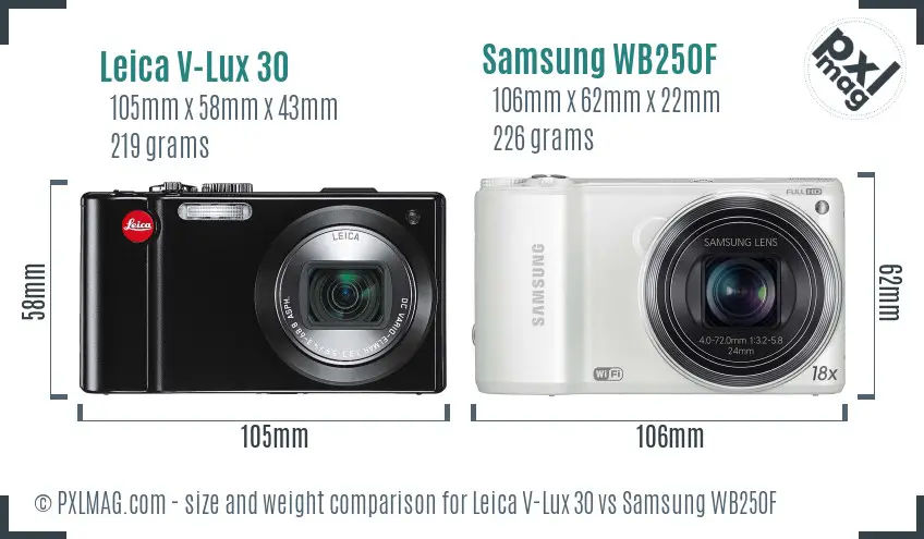 Leica V-Lux 30 vs Samsung WB250F size comparison Leica V-Lux 30 vs Samsung WB250F size comparison