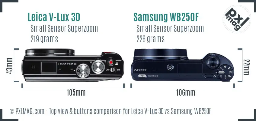 Leica V-Lux 30 vs Samsung WB250F top view buttons comparison