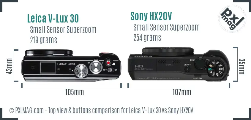 Leica V-Lux 30 vs Sony HX20V top view buttons comparison Leica V-Lux 30 vs Sony HX20V top view buttons comparison
