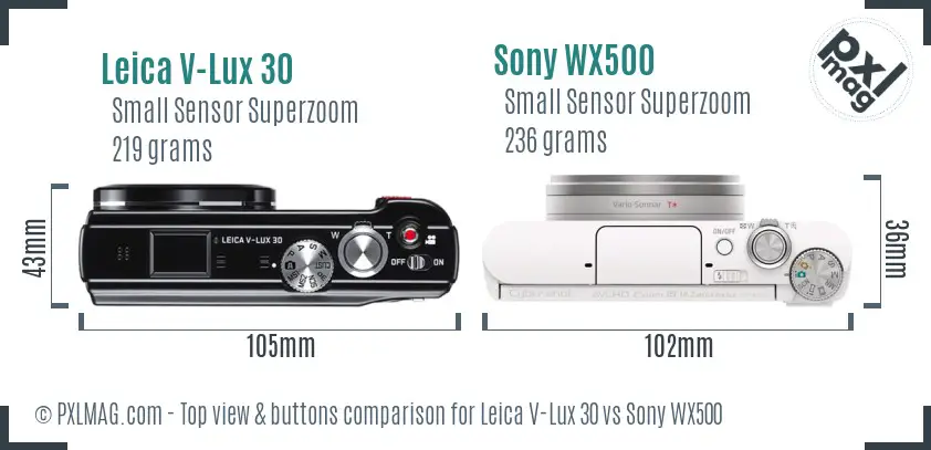 Leica V-Lux 30 vs Sony WX500 top view buttons comparison Leica V-Lux 30 vs Sony WX500 top view buttons comparison