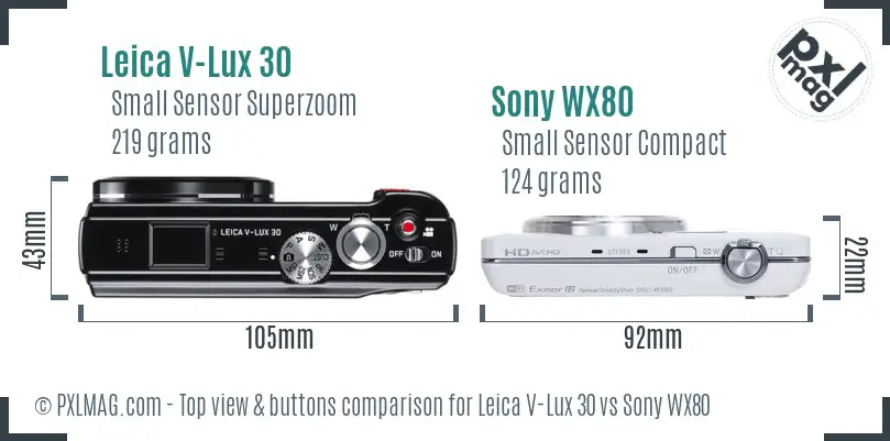 Leica V-Lux 30 vs Sony WX80 top view buttons comparison Leica V-Lux 30 vs Sony WX80 top view buttons comparison