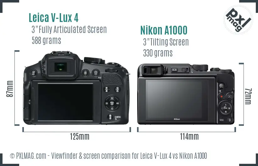 Leica V-Lux 4 vs Nikon A1000 Screen and Viewfinder comparison