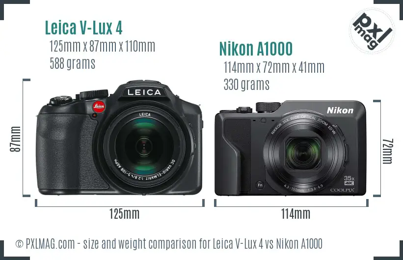 Leica V-Lux 4 vs Nikon A1000 size comparison