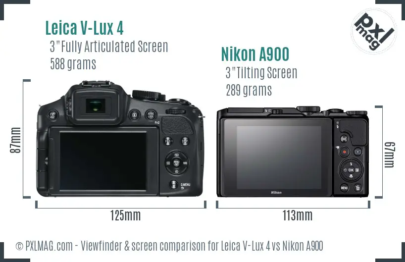 Leica V-Lux 4 vs Nikon A900 Screen and Viewfinder comparison