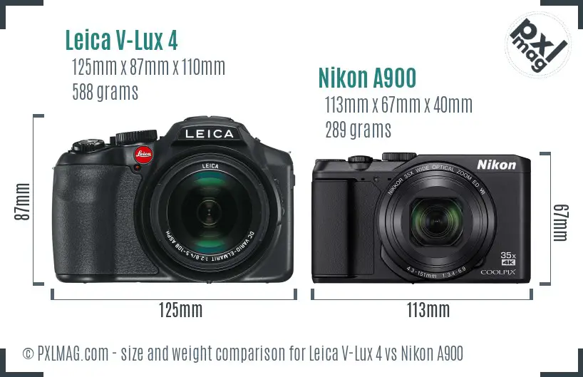 Leica V-Lux 4 vs Nikon A900 size comparison