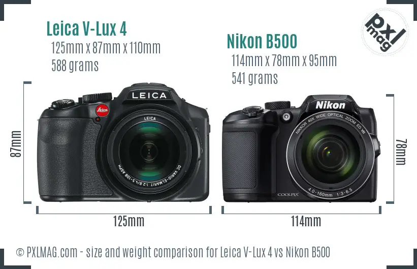 Leica V-Lux 4 vs Nikon B500 size comparison