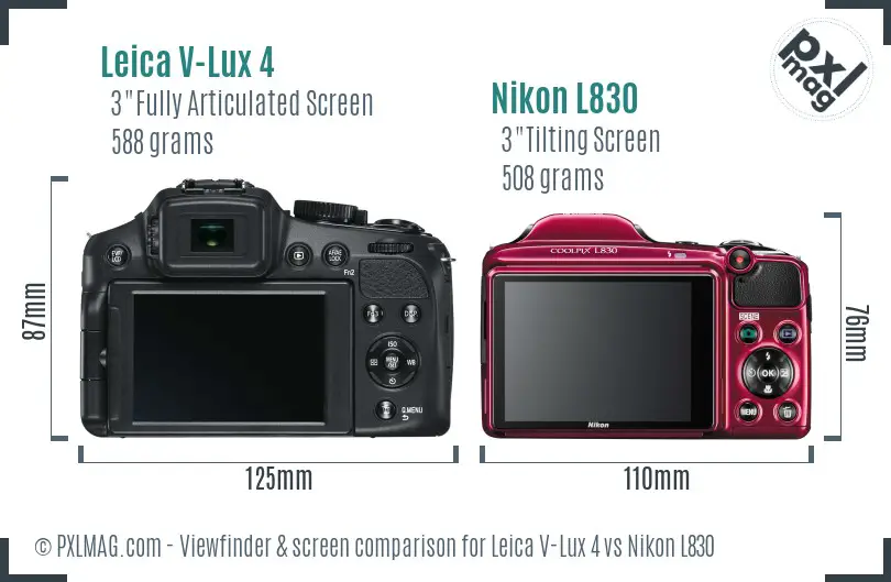 Leica V-Lux 4 vs Nikon L830 Screen and Viewfinder comparison