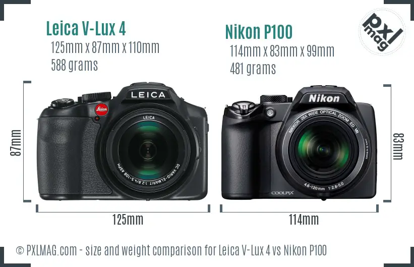 Leica V-Lux 4 vs Nikon P100 size comparison
