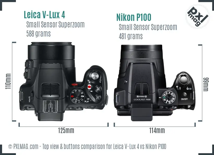 Leica V-Lux 4 vs Nikon P100 top view buttons comparison