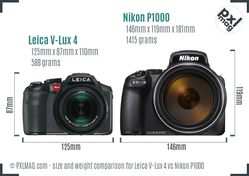 Leica V-Lux 4 vs Nikon P1000 size comparison