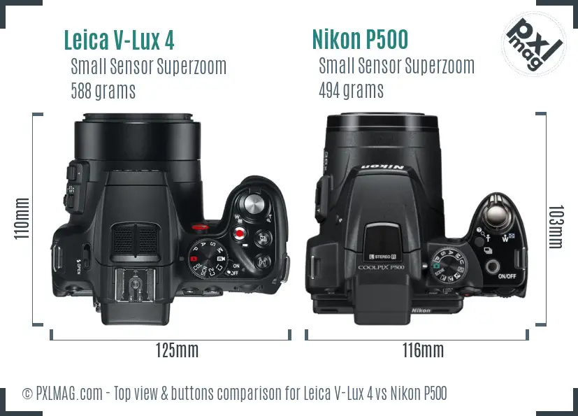 Leica V-Lux 4 vs Nikon P500 top view buttons comparison