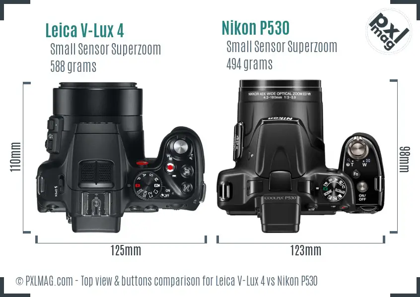 Leica V-Lux 4 vs Nikon P530 top view buttons comparison