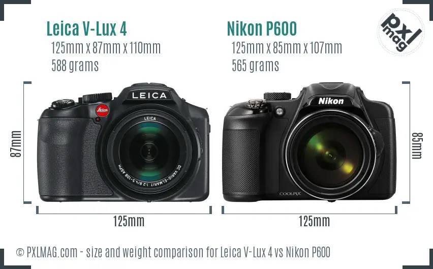 Leica V-Lux 4 vs Nikon P600 size comparison
