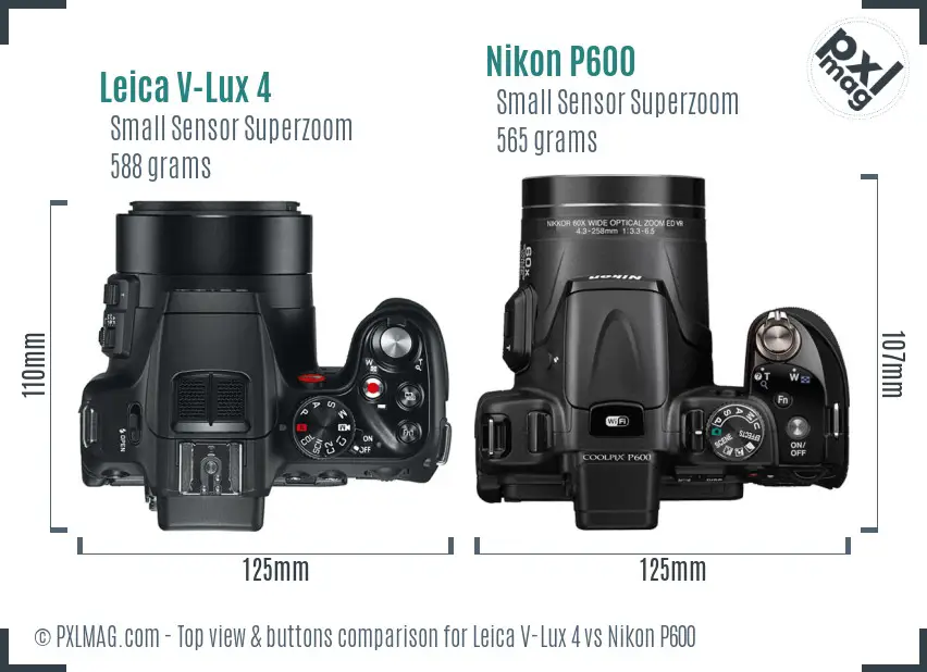 Leica V-Lux 4 vs Nikon P600 top view buttons comparison