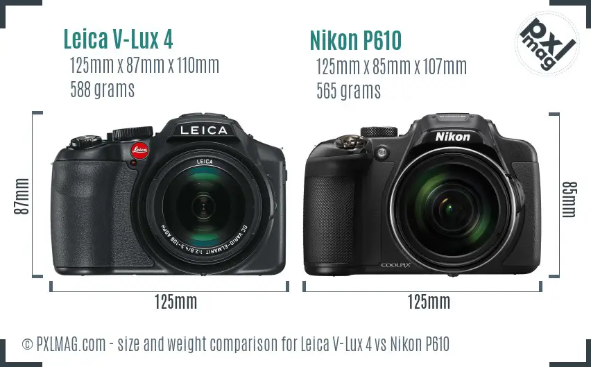 Leica V-Lux 4 vs Nikon P610 size comparison