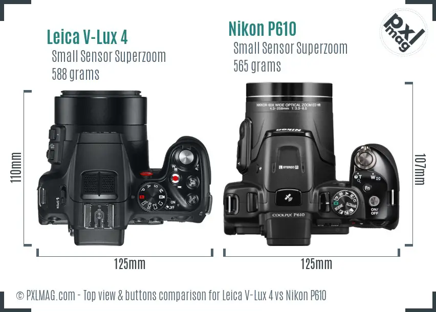 Leica V-Lux 4 vs Nikon P610 top view buttons comparison