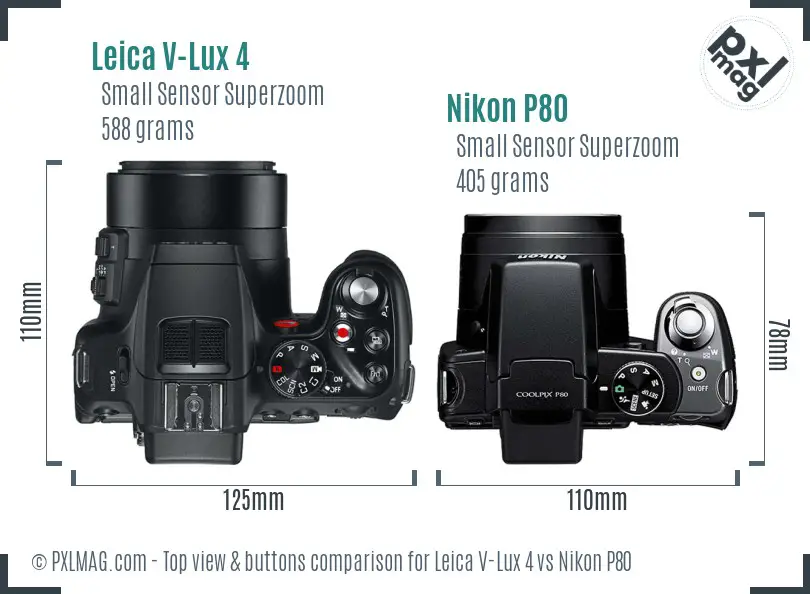 Leica V-Lux 4 vs Nikon P80 top view buttons comparison