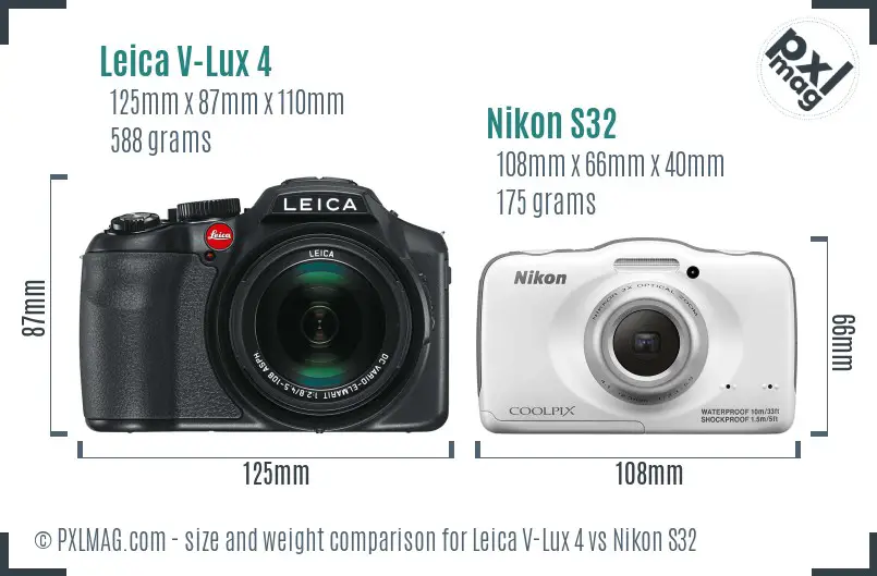 Leica V-Lux 4 vs Nikon S32 size comparison