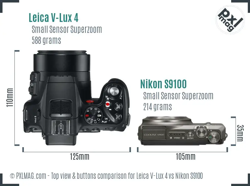 Leica V-Lux 4 vs Nikon S9100 top view buttons comparison