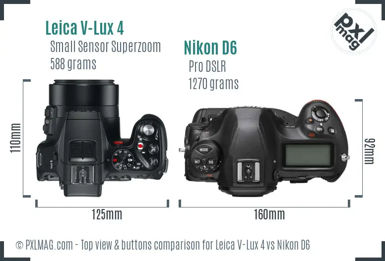 Leica V-Lux 4 vs Nikon D6 top view buttons comparison