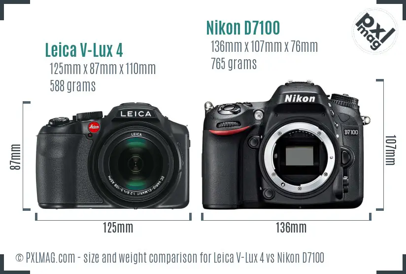Leica V-Lux 4 vs Nikon D7100 size comparison
