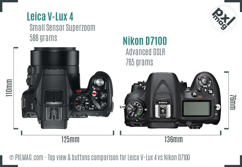 Leica V-Lux 4 vs Nikon D7100 top view buttons comparison