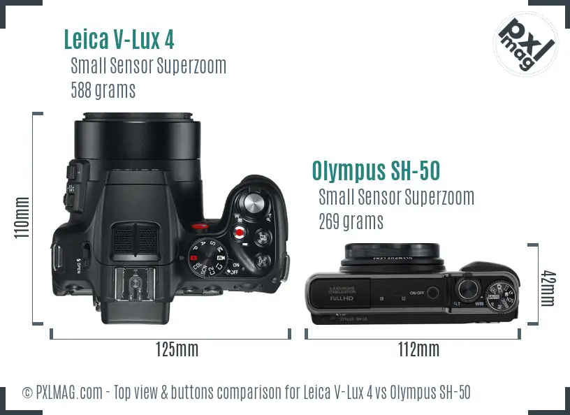 Leica V-Lux 4 vs Olympus SH-50 top view buttons comparison