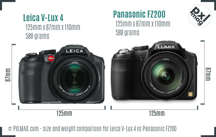 Leica V-Lux 4 vs Panasonic FZ200 size comparison
