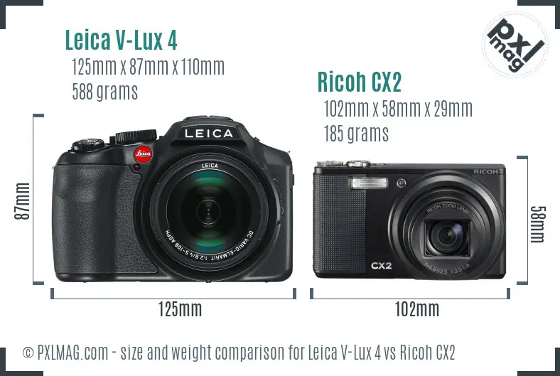 Leica V-Lux 4 vs Ricoh CX2 size comparison