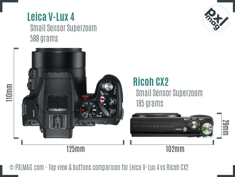 Leica V-Lux 4 vs Ricoh CX2 top view buttons comparison