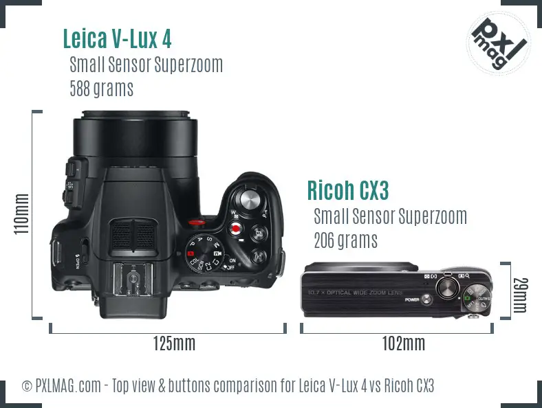 Leica V-Lux 4 vs Ricoh CX3 top view buttons comparison