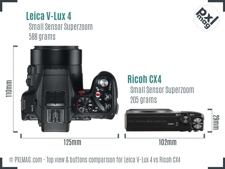 Leica V-Lux 4 vs Ricoh CX4 top view buttons comparison