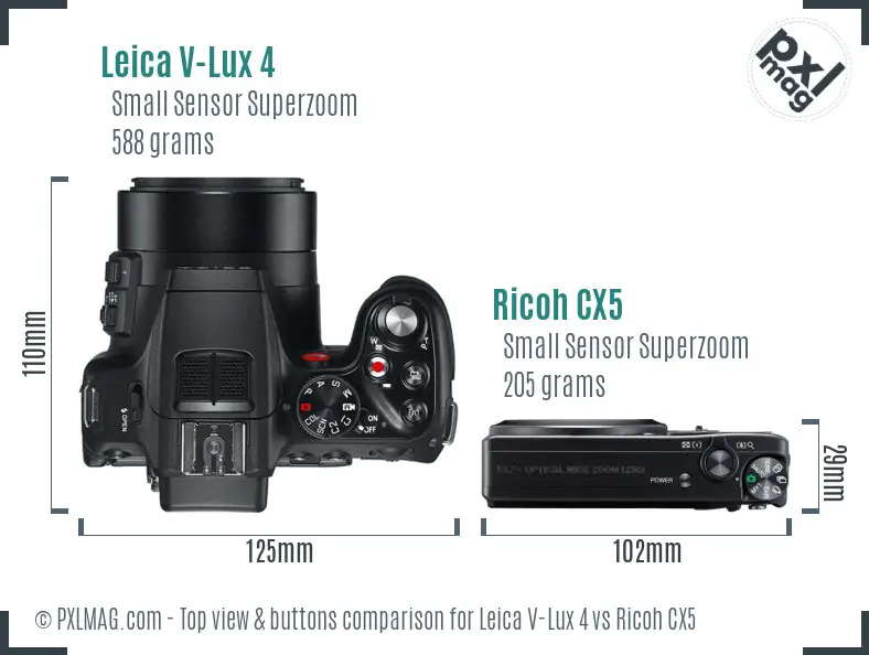 Leica V-Lux 4 vs Ricoh CX5 top view buttons comparison