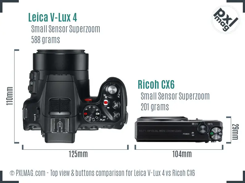 Leica V-Lux 4 vs Ricoh CX6 top view buttons comparison