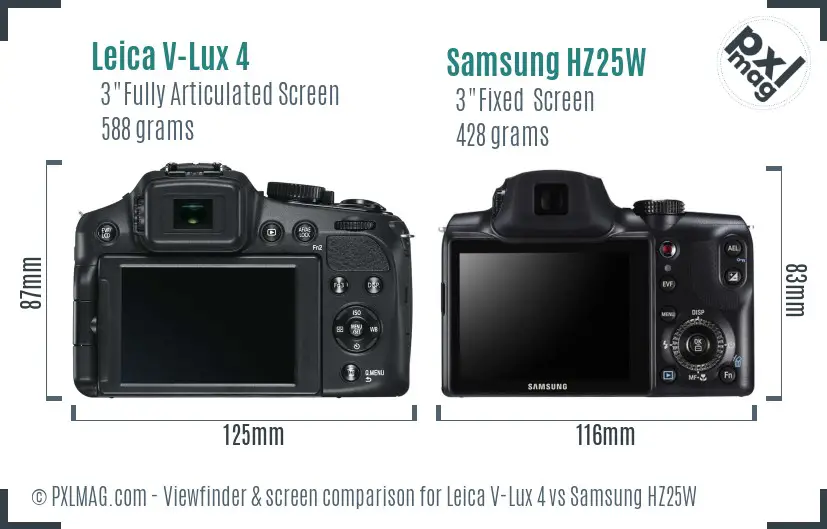 Leica V-Lux 4 vs Samsung HZ25W Screen and Viewfinder comparison