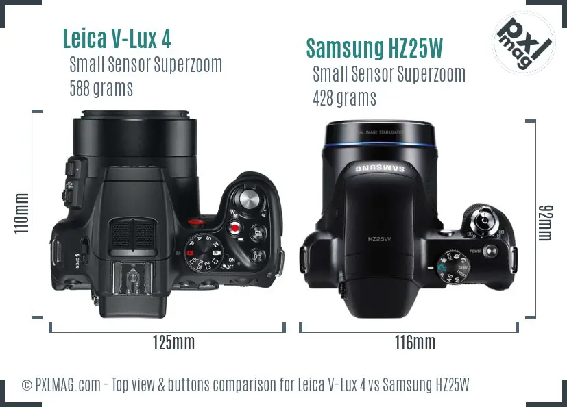 Leica V-Lux 4 vs Samsung HZ25W top view buttons comparison
