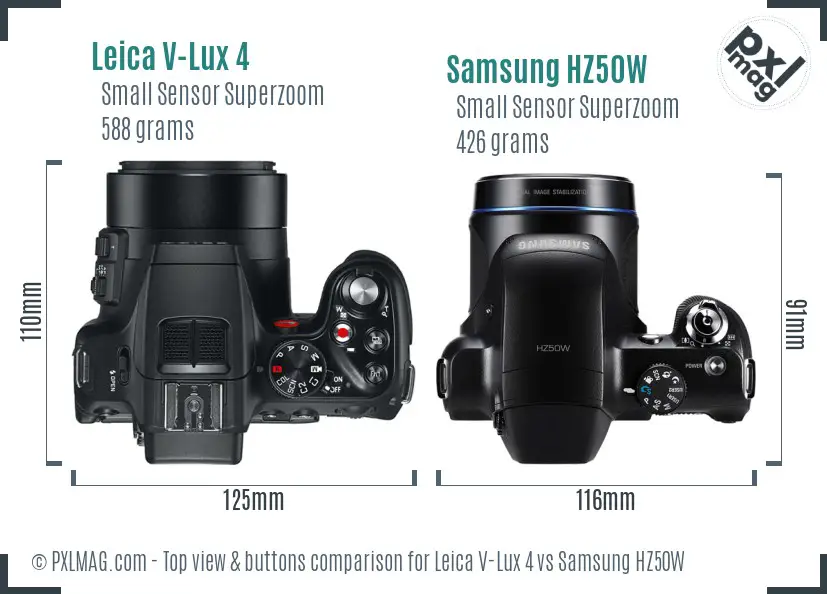 Leica V-Lux 4 vs Samsung HZ50W top view buttons comparison