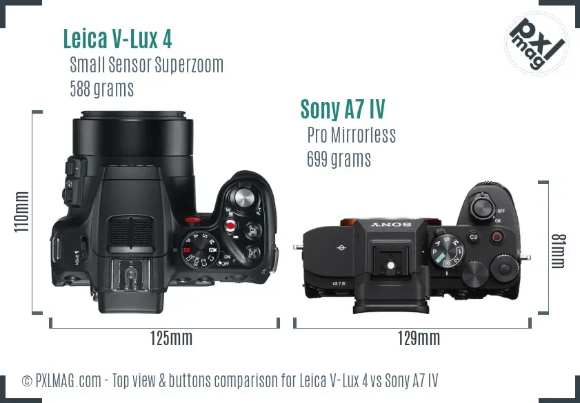 Leica V-Lux 4 vs Sony A7 IV top view buttons comparison Leica V-Lux 4 vs Sony A7 IV top view buttons comparison
