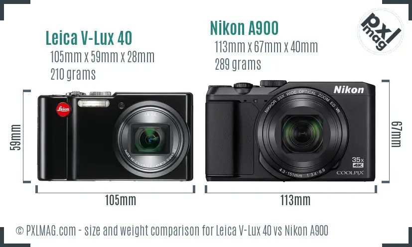 Leica V-Lux 40 vs Nikon A900 size comparison
